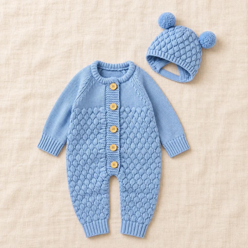 The Newborn Knit Wardrobe — Blue, Romper & Hat in boutique studio photograph
