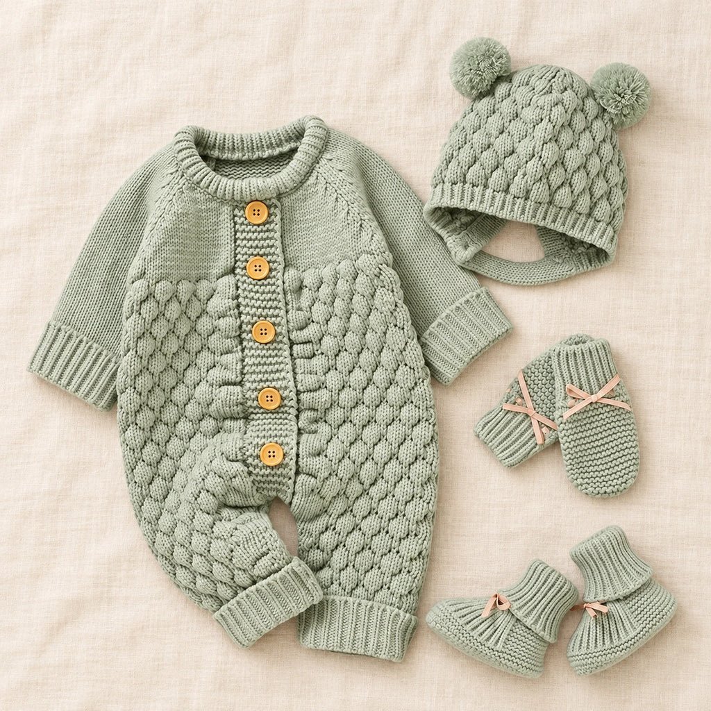 The Newborn Knit Wardrobe — Sage, Complete Set in boutique studio photograph