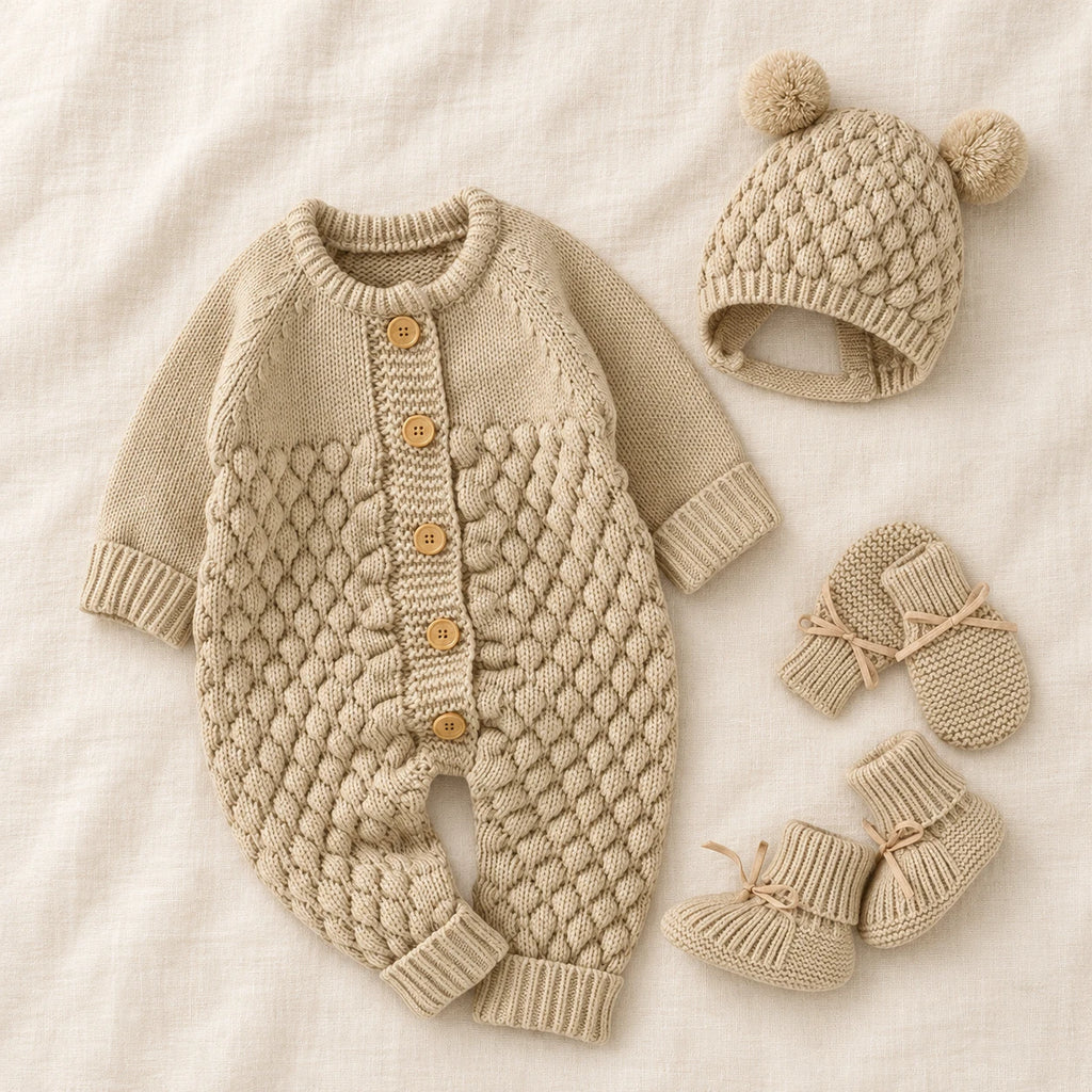 The Newborn Knit Wardrobe — Oatmeal, Complete Set in boutique studio photograph