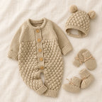 The Newborn Knit Wardrobe — Oatmeal, Complete Set in boutique studio photograph