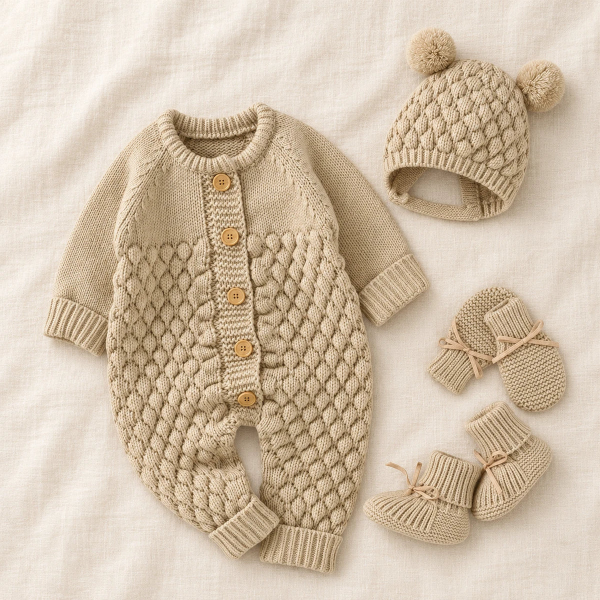 The Newborn Knit Wardrobe — Oatmeal, Complete Set in boutique studio photograph