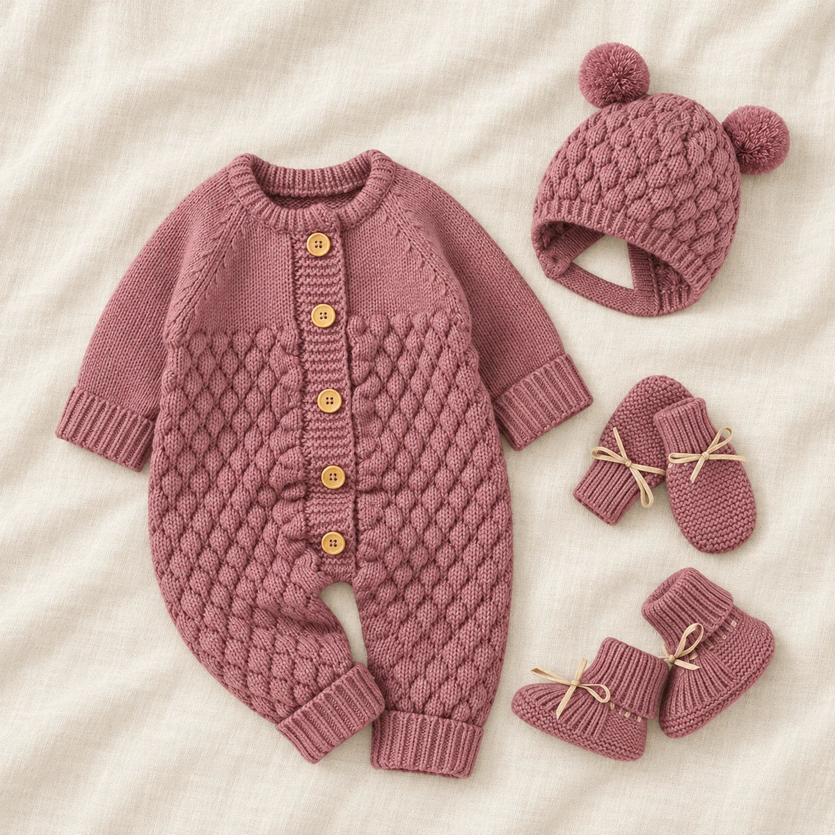 The Newborn Knit Wardrobe — Rose, Complete Set in boutique studio photograph