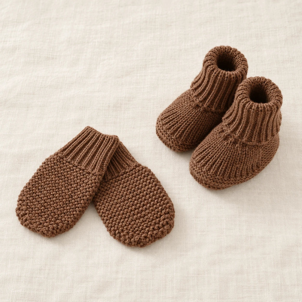 The Newborn Knit Wardrobe — Cocoa, Booties & Mittens in boutique studio photograph