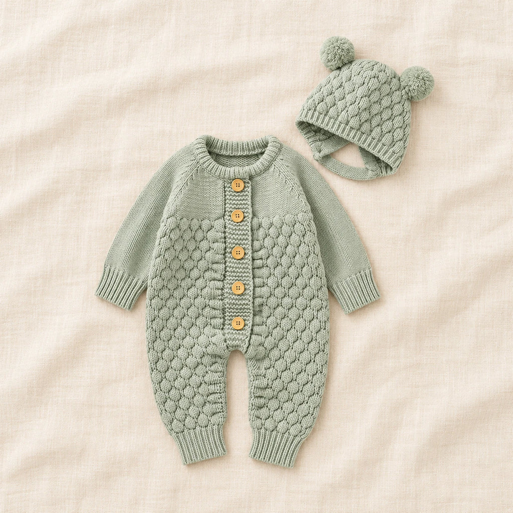 The Newborn Knit Wardrobe — Sage, Romper & Hat in boutique studio photograph