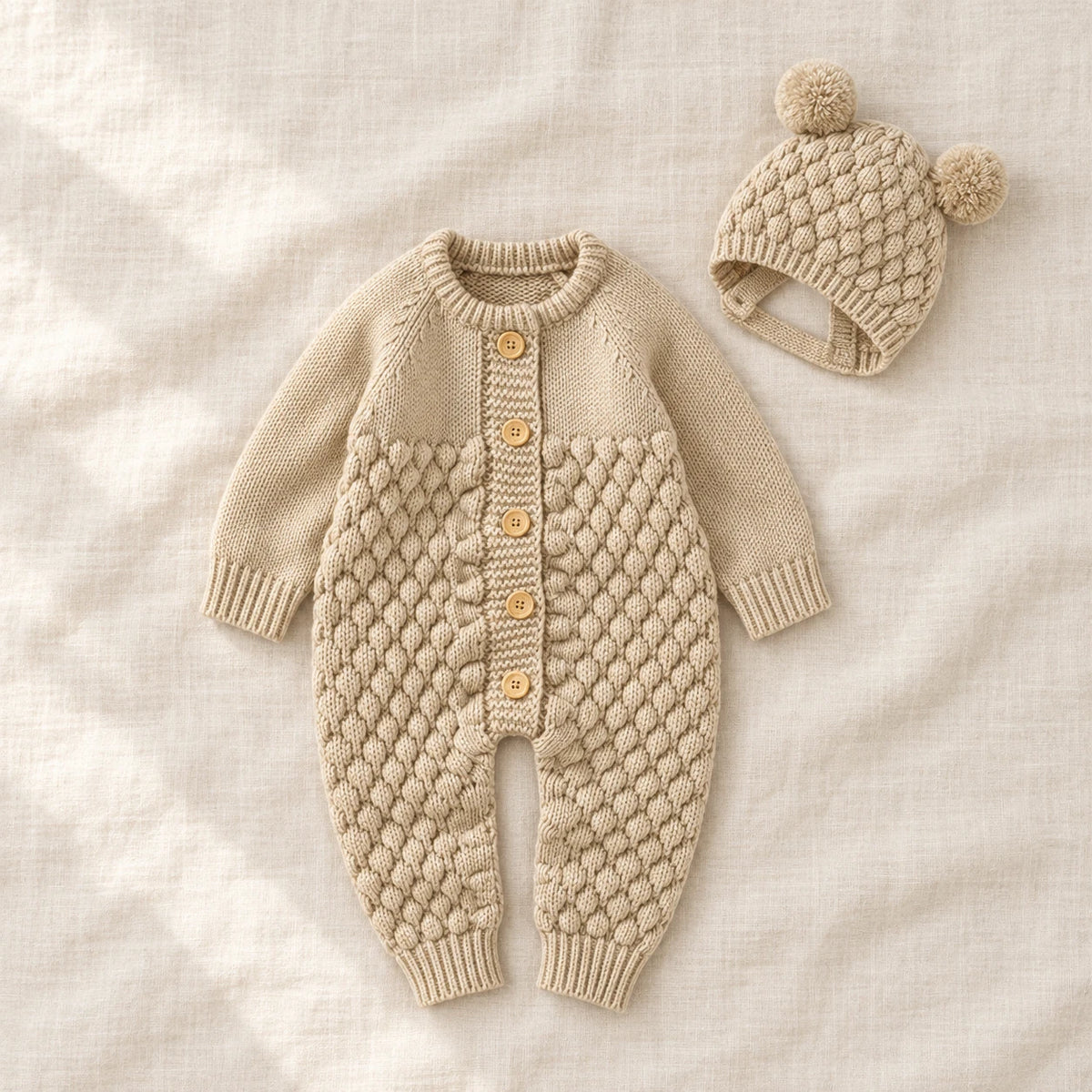 The Newborn Knit Wardrobe — Oatmeal, Romper & Hat in boutique studio photograph