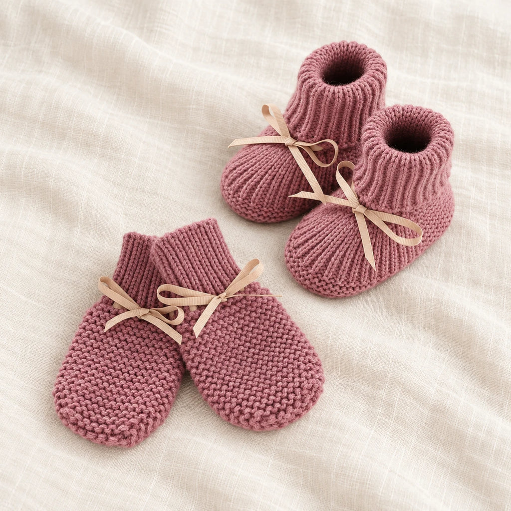 The Newborn Knit Wardrobe — Mauve Ribbon, Booties & Mittens in boutique studio photograph