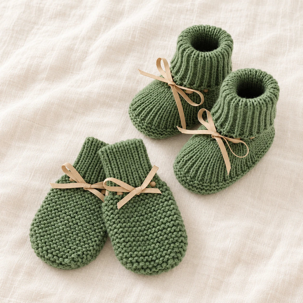 The Newborn Knit Wardrobe — Forest Ribbon, Booties & Mittens in boutique studio photograph