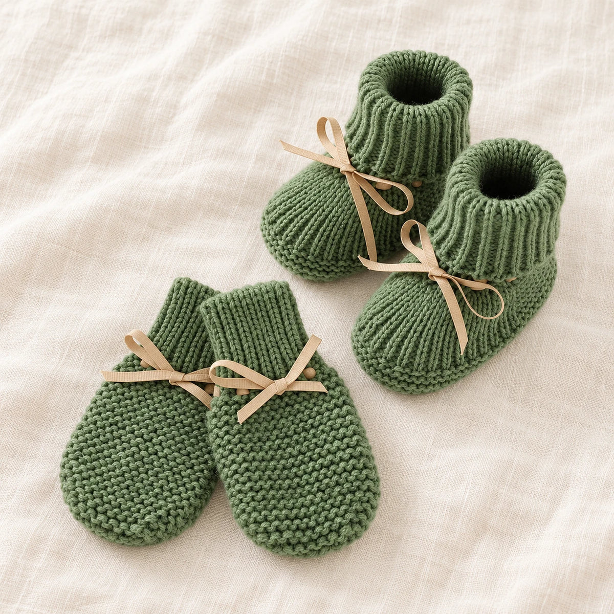 The Newborn Knit Wardrobe — Forest Ribbon, Booties & Mittens in boutique studio photograph