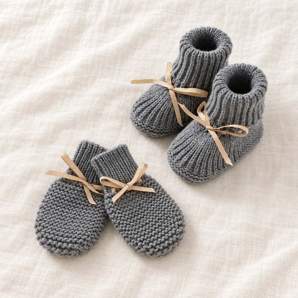 The Newborn Knit Wardrobe — Slate Ribbon, Booties & Mittens in boutique studio photograph