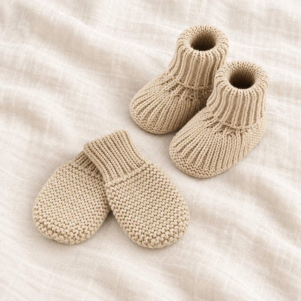 The Newborn Knit Wardrobe — sand plain booties and mittens on ivory linen