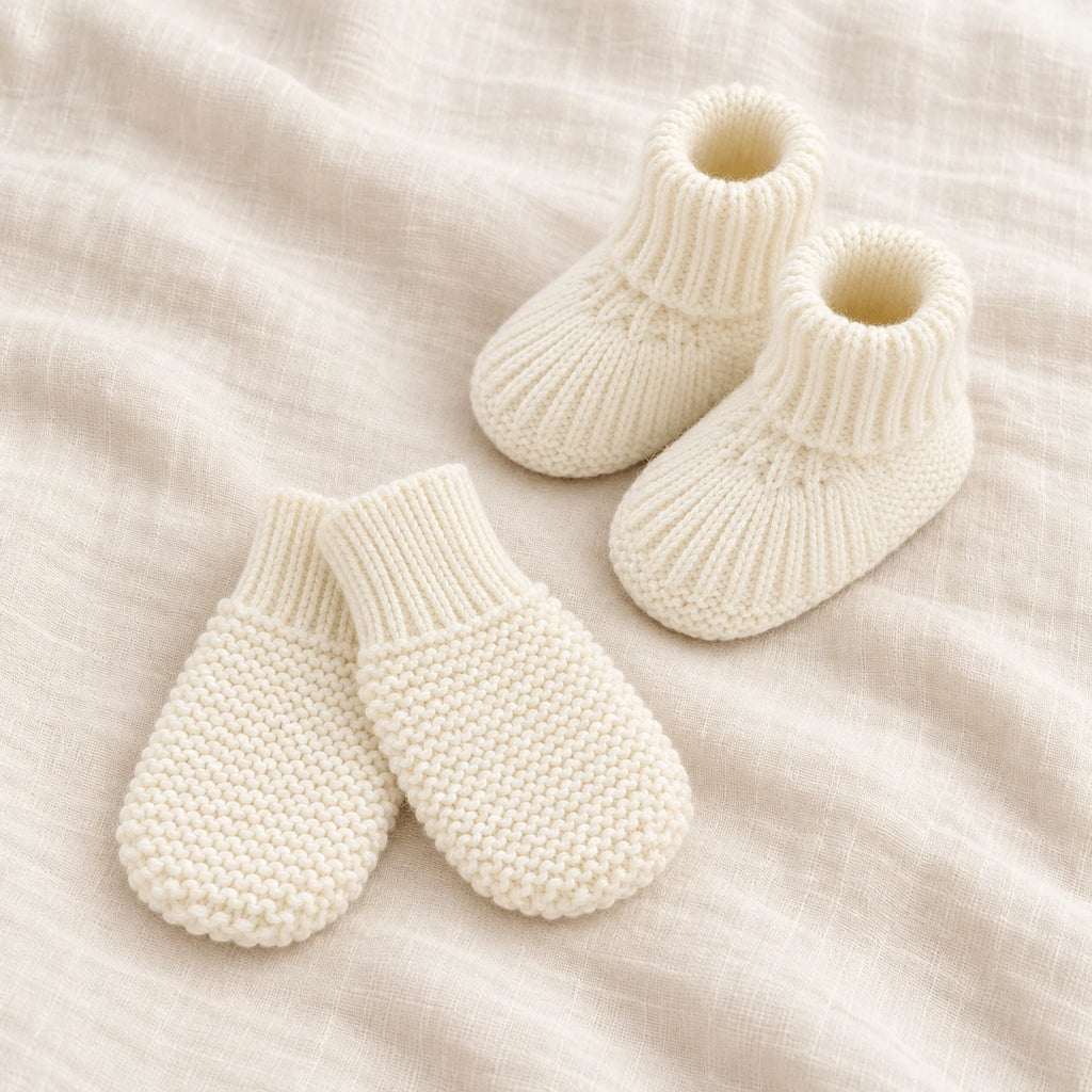 The Newborn Knit Wardrobe — cream plain booties and mittens on ivory linen