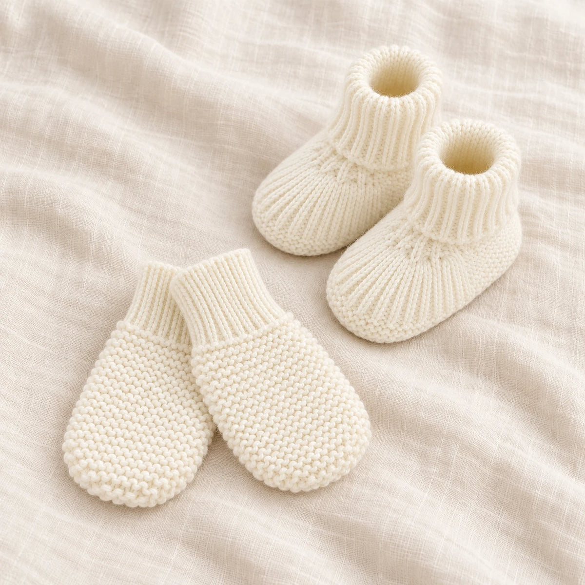 The Newborn Knit Wardrobe — cream plain booties and mittens on ivory linen