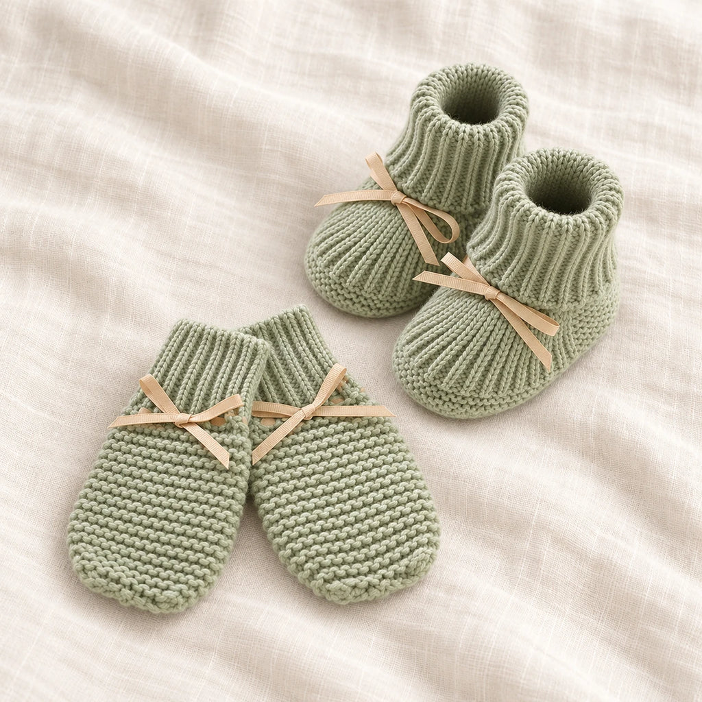 The Newborn Knit Wardrobe — sage ribbon booties and mittens on ivory linen