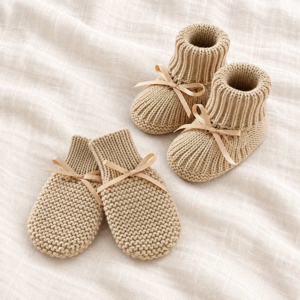 The Newborn Knit Wardrobe — sand ribbon booties and mittens on ivory linen