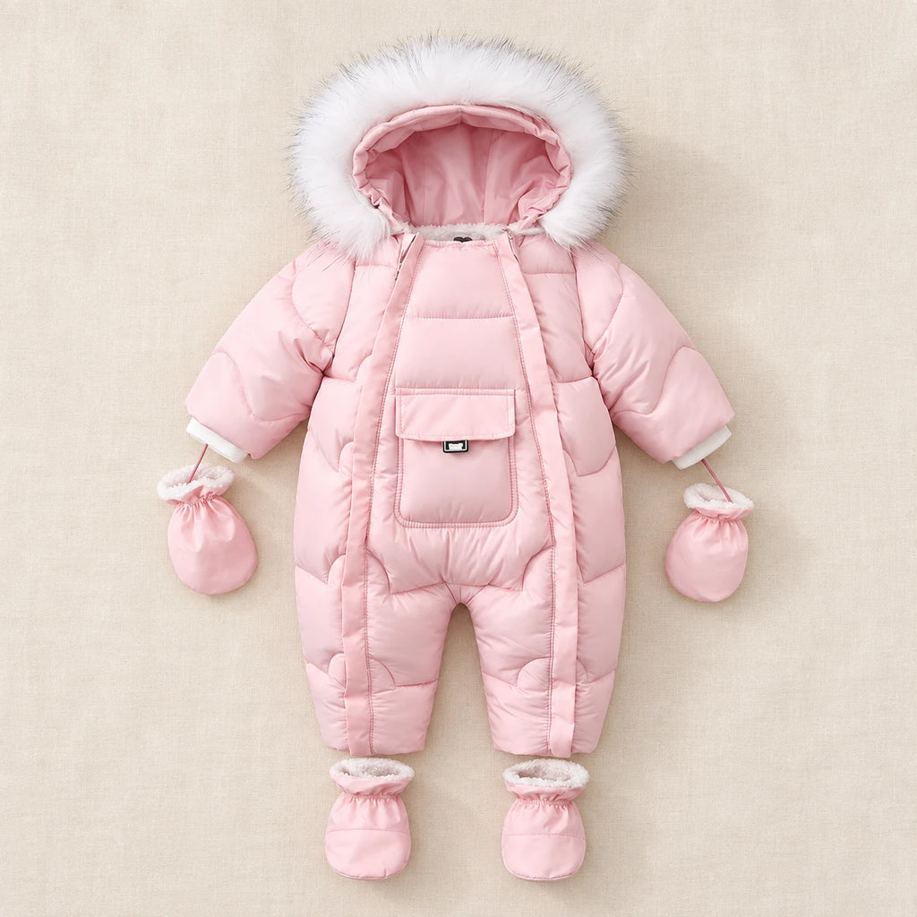 Pink padded hooded romper with front flap pocket, mittens and booties
