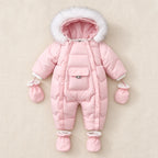 Pink padded hooded romper with front flap pocket, mittens and booties