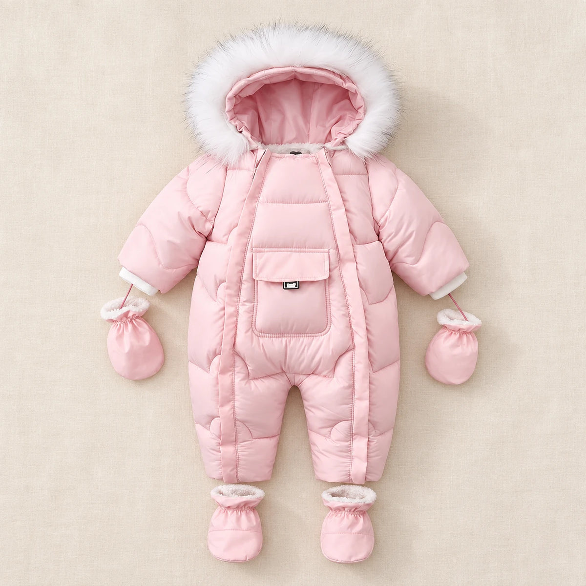 Pink padded hooded romper with front flap pocket, mittens and booties
