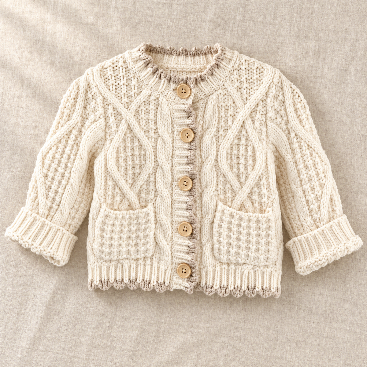 The Pocket Cable Knit Cardigan on ivory linen