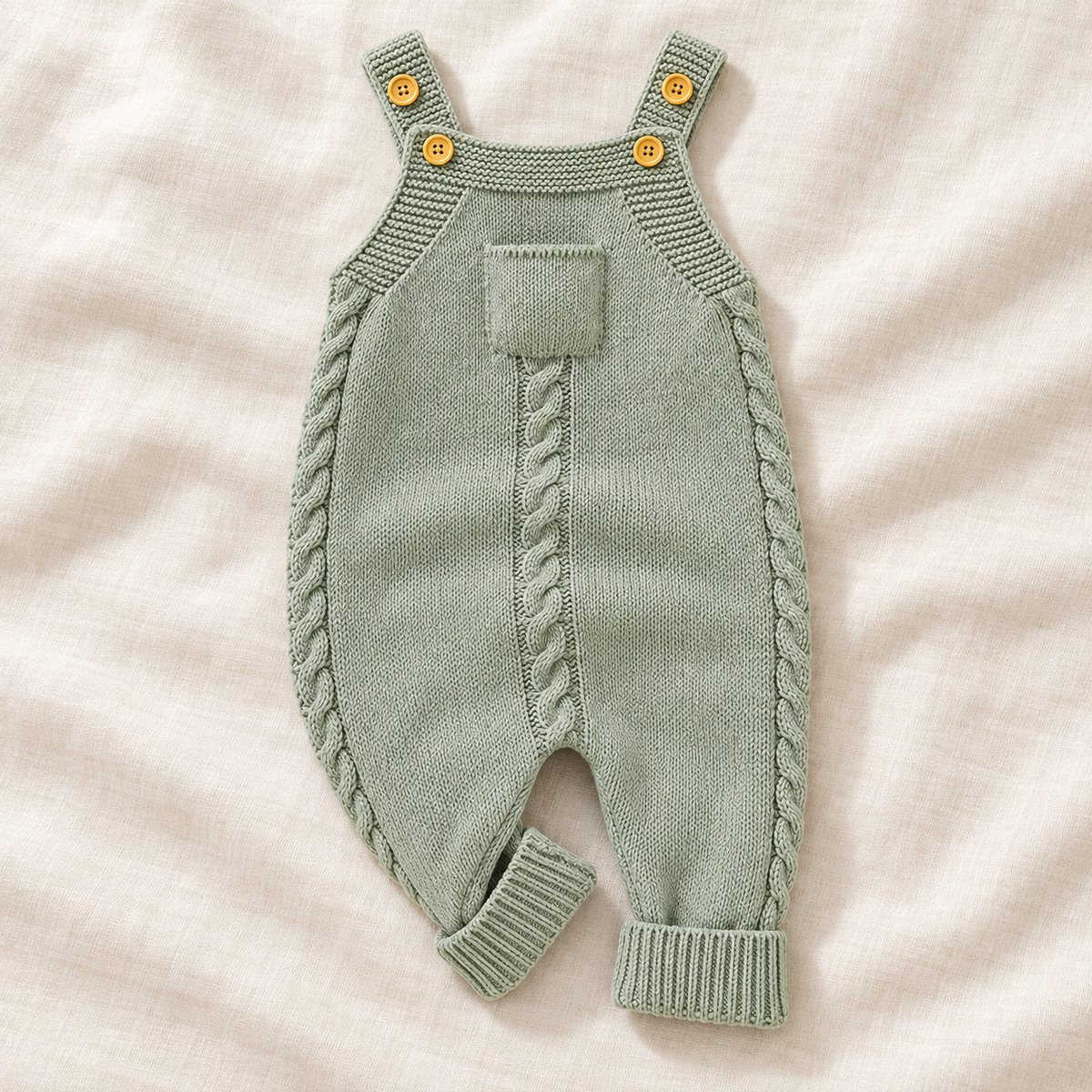 The Pocket Knit Baby Dungarees on ivory linen