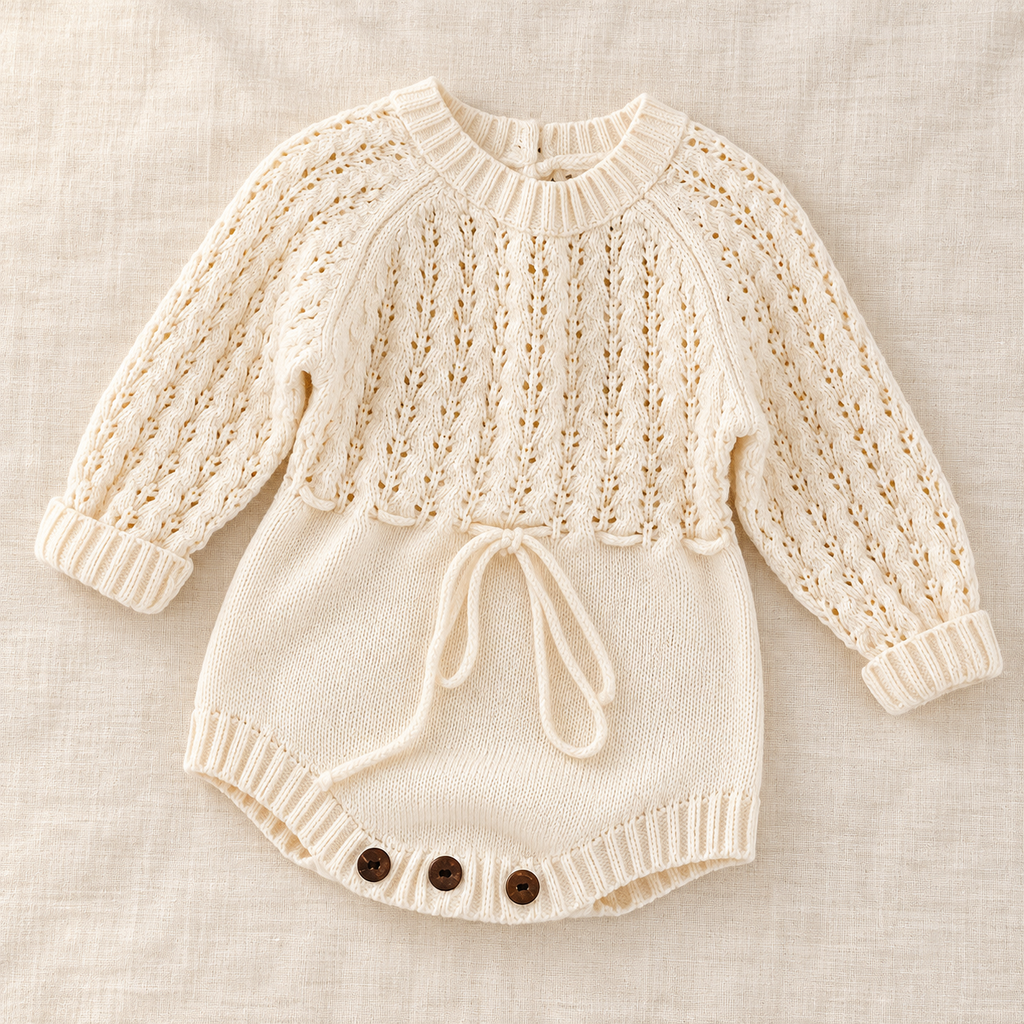 The Pointelle Knit Baby Romper on ivory linen