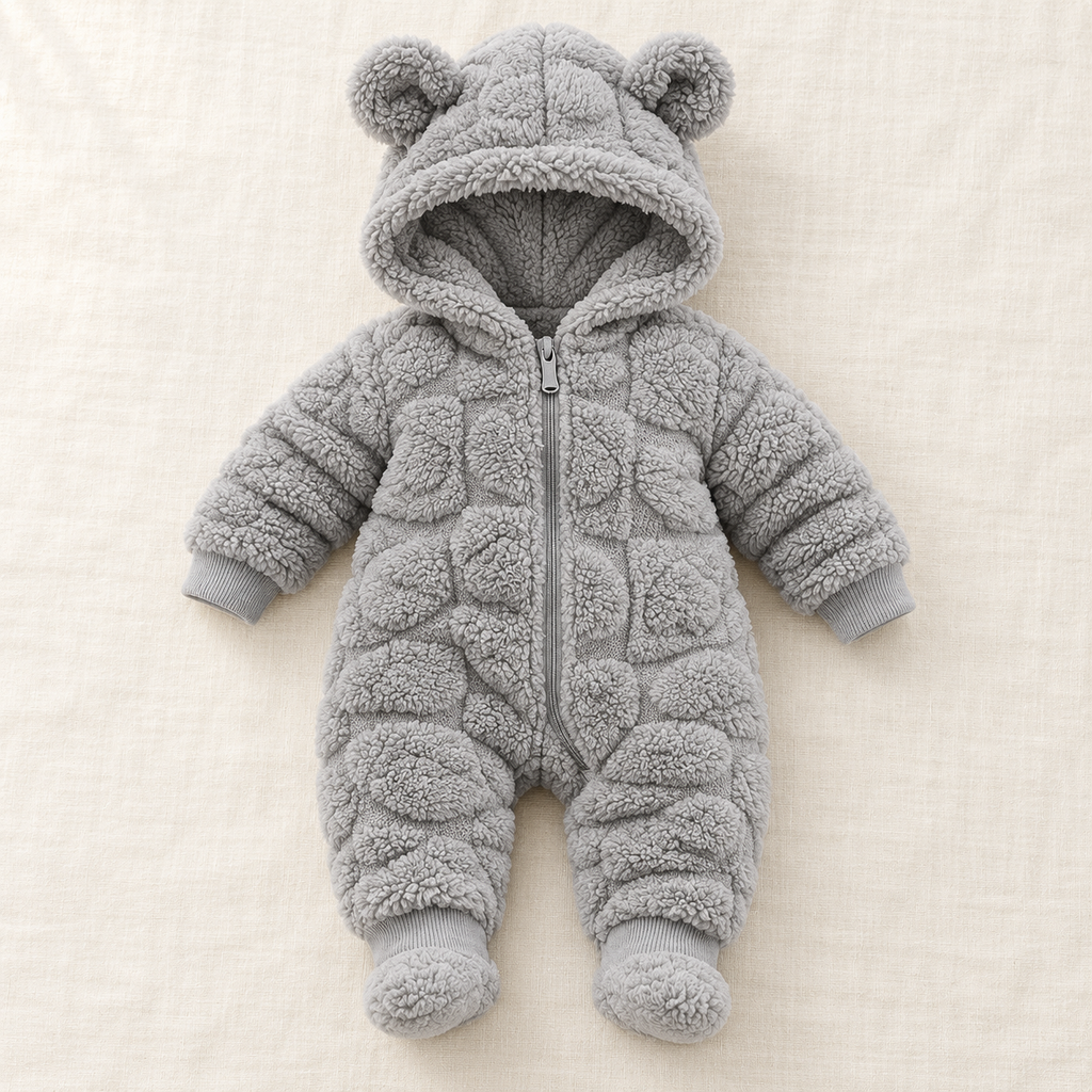 The Quilted Teddy-Hood Baby Romper on ivory linen
