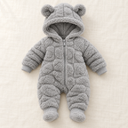 The Quilted Teddy-Hood Baby Romper on ivory linen