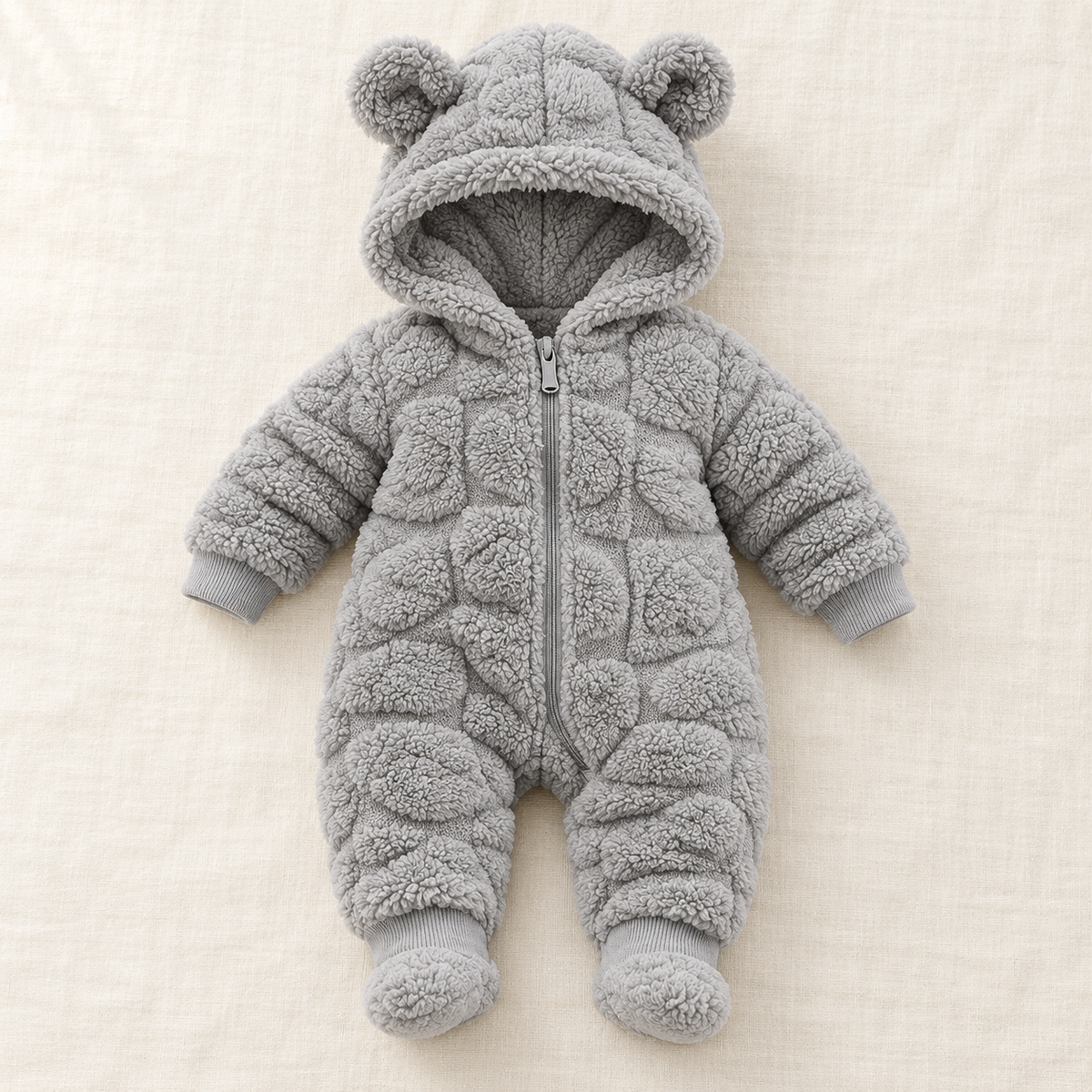 The Quilted Teddy-Hood Baby Romper on ivory linen