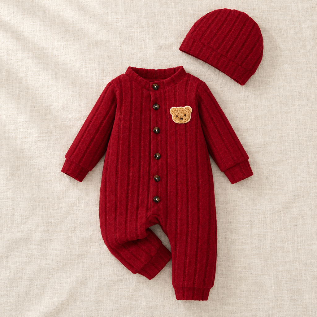 The Red Bear Romper & Hat Set on ivory linen