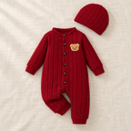 The Red Bear Romper & Hat Set on ivory linen