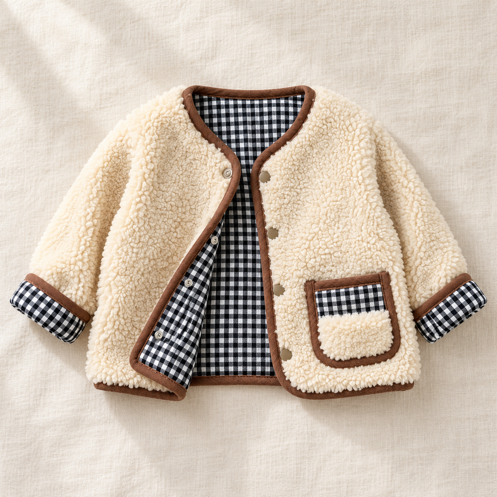 The Reversible Plaid & Teddy Jacket on ivory linen