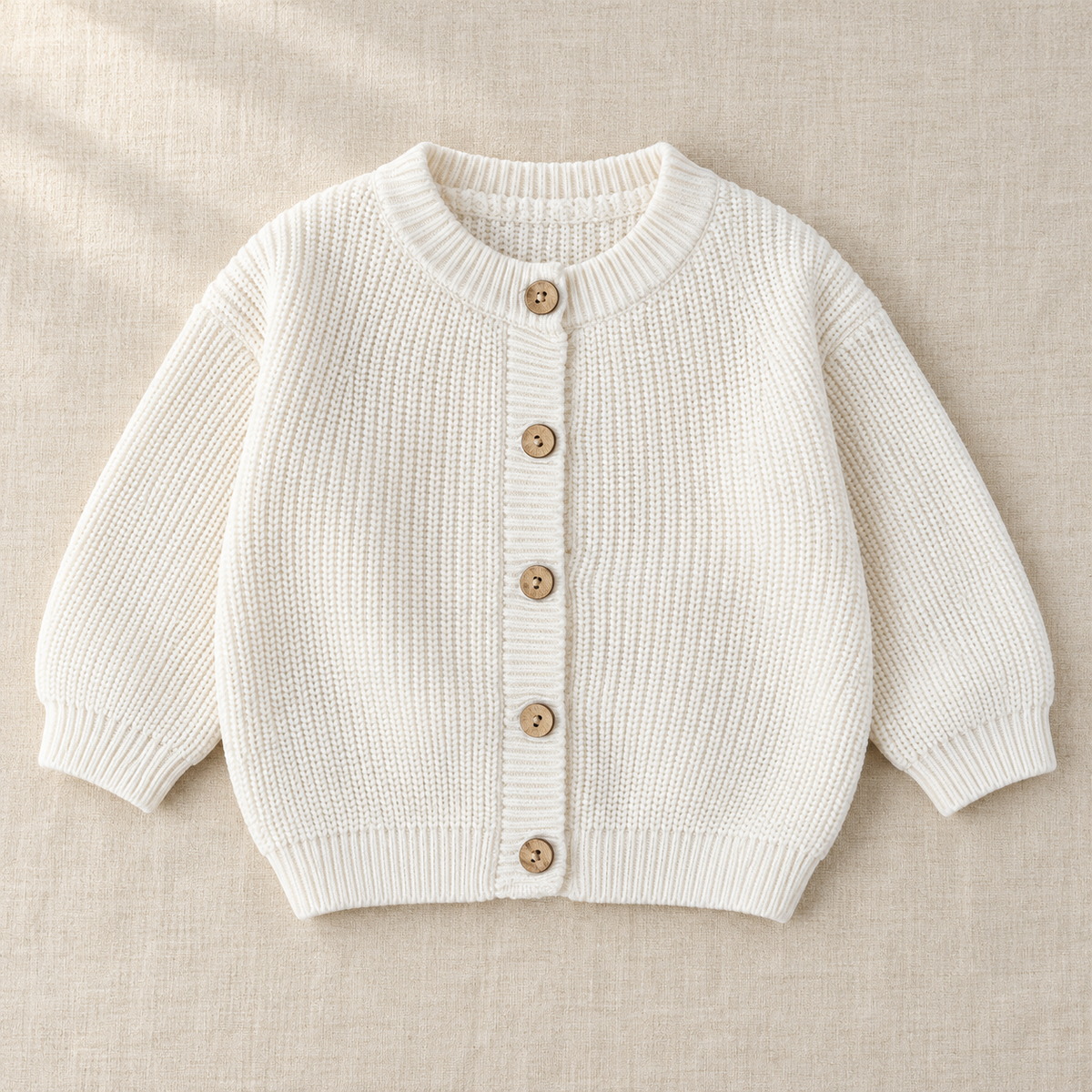 The Ribbed Button Knit Cardigan on ivory linen