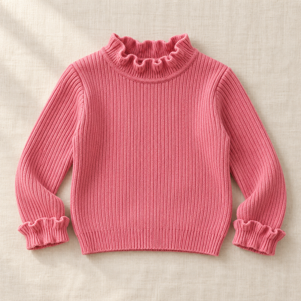 The Ruffle-Neck Rib Knit Sweater on ivory linen