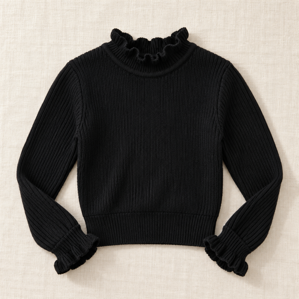 Black ruffle-neck rib knit sweater, front view