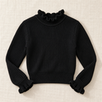 Black ruffle-neck rib knit sweater, front view