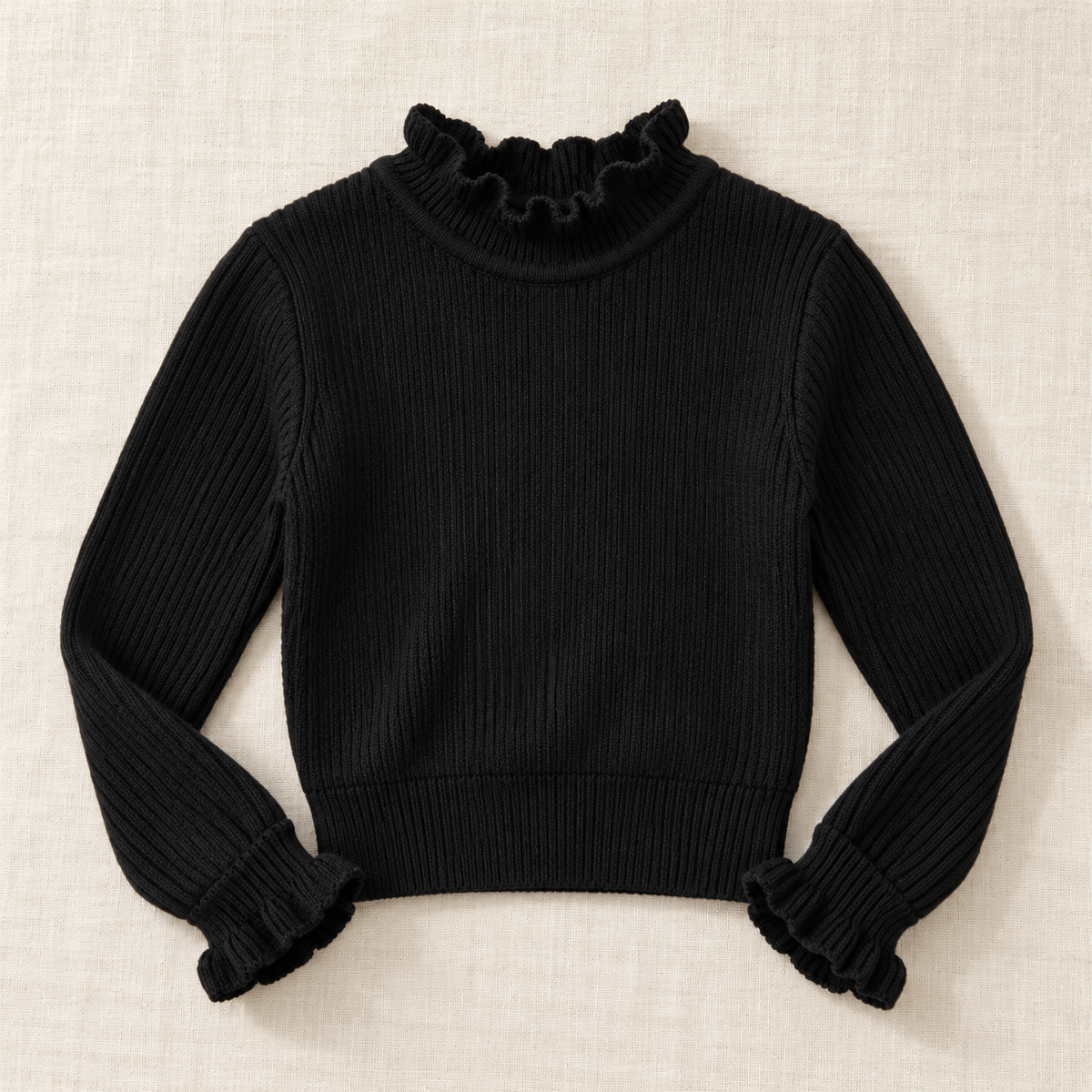 Black ruffle-neck rib knit sweater, front view