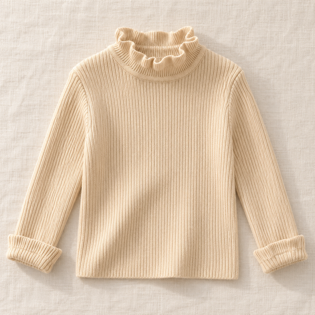 Cream ruffle-neck rib knit sweater, front view