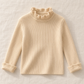 Cream ruffle-neck rib knit sweater, front view