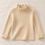 Cream ruffle-neck rib knit sweater, front view