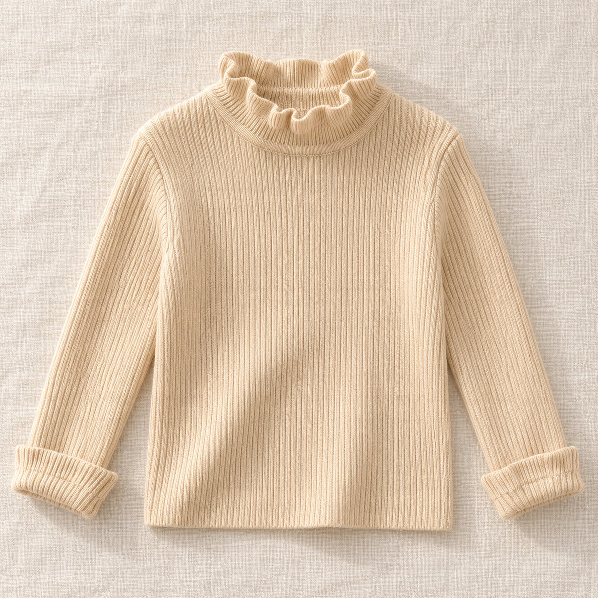 Cream ruffle-neck rib knit sweater, front view
