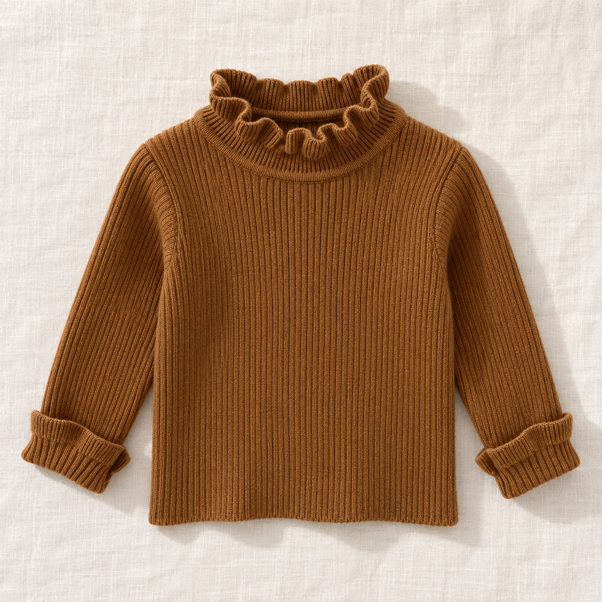 Dark Brown ruffle-neck rib knit sweater, front view