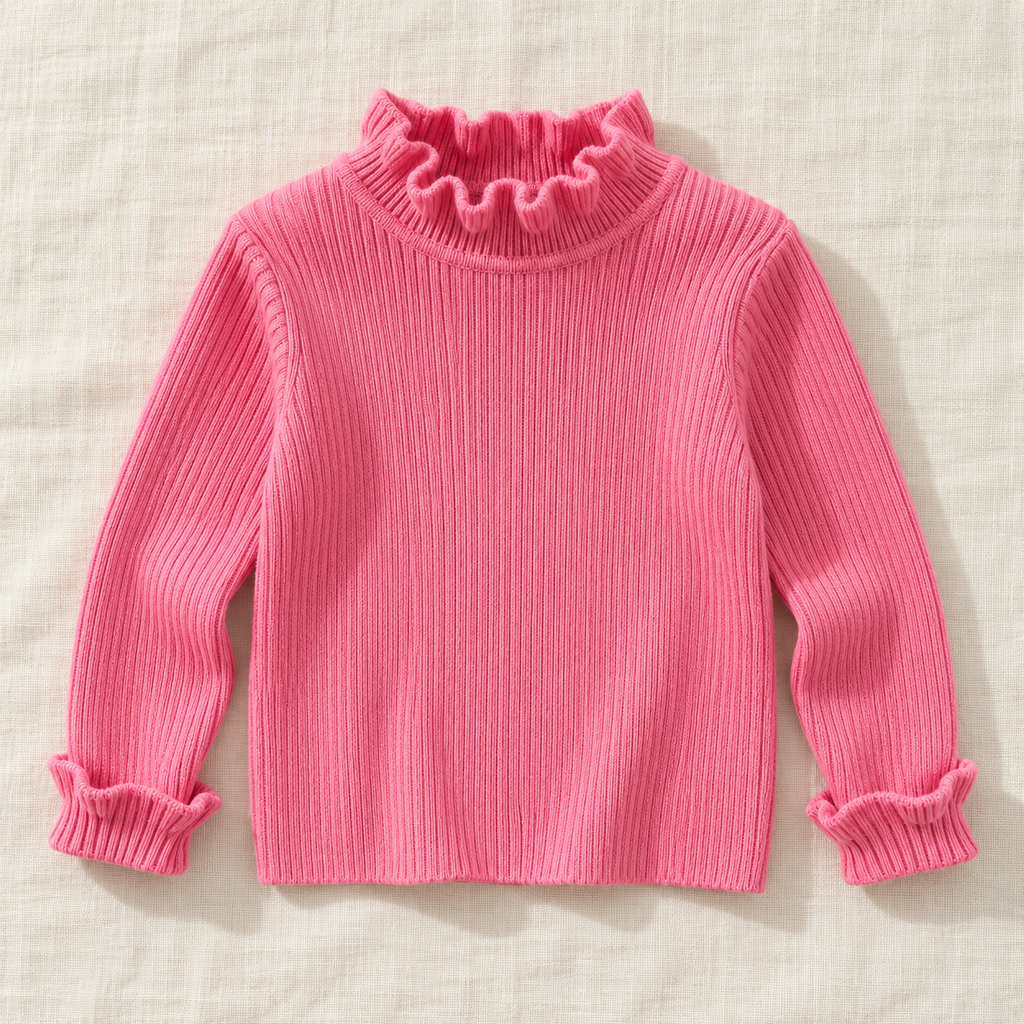 Pink ruffle-neck rib knit sweater, front view