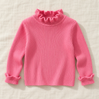 Pink ruffle-neck rib knit sweater, front view