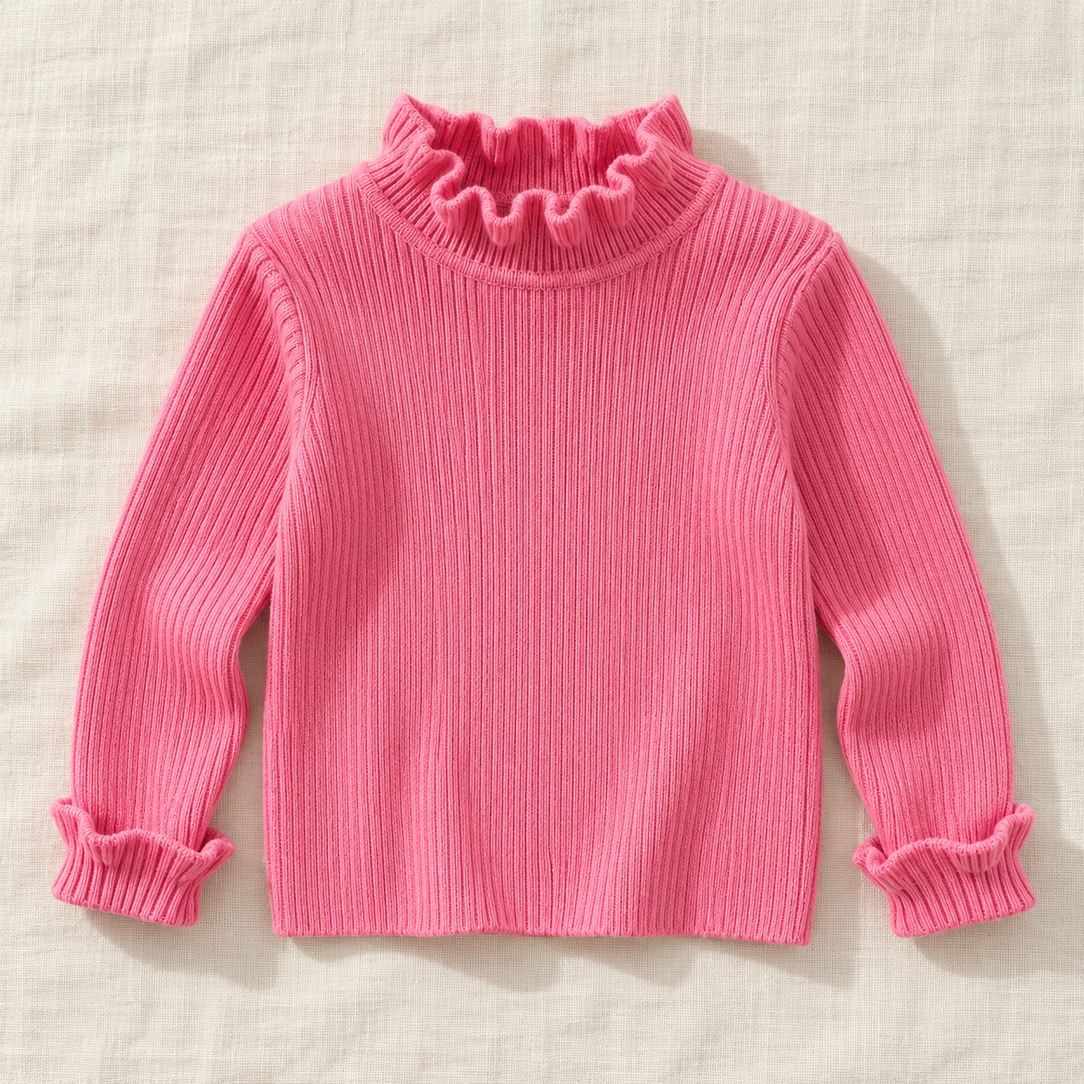 Pink ruffle-neck rib knit sweater, front view
