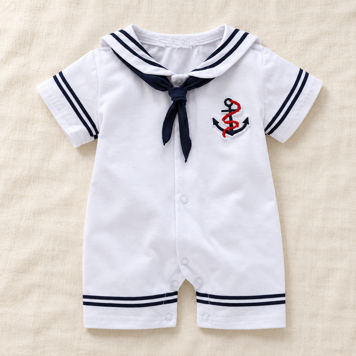 The Sailor Short-Sleeve Baby Romper on ivory linen