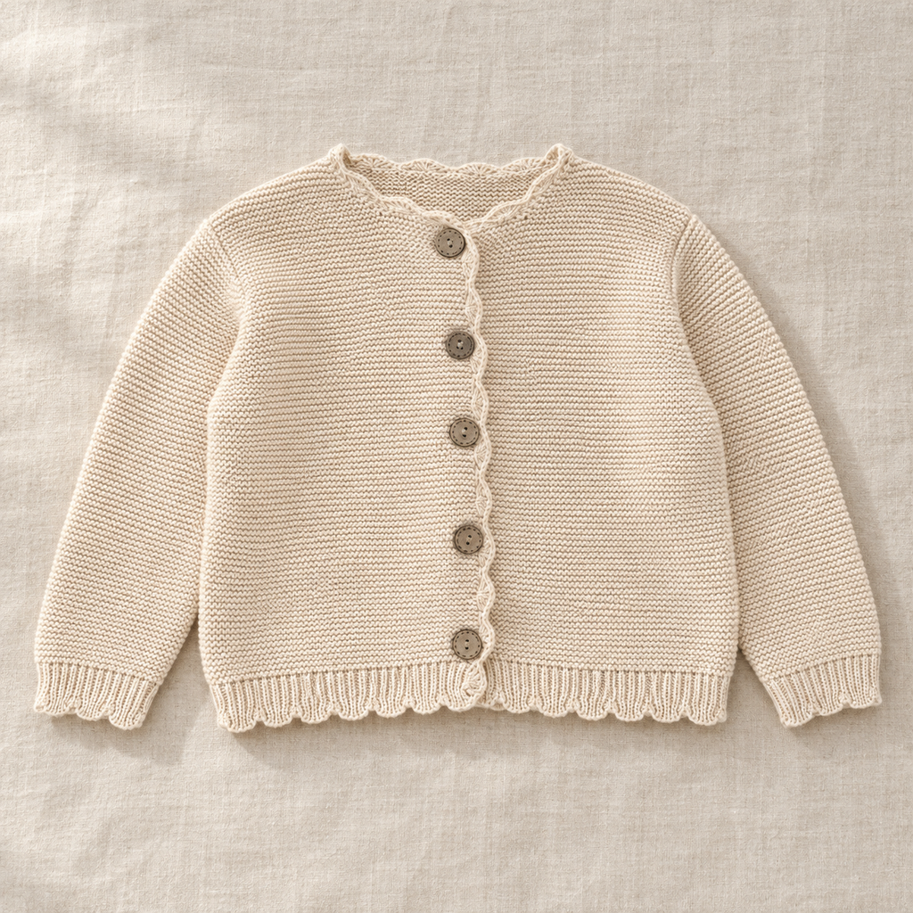 The Scallop-Edge Knit Cardigan on ivory linen