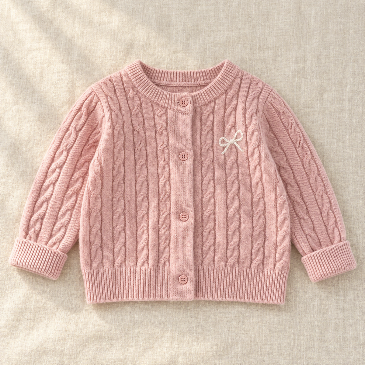 The Soft Cable Knit Cardigan on ivory linen