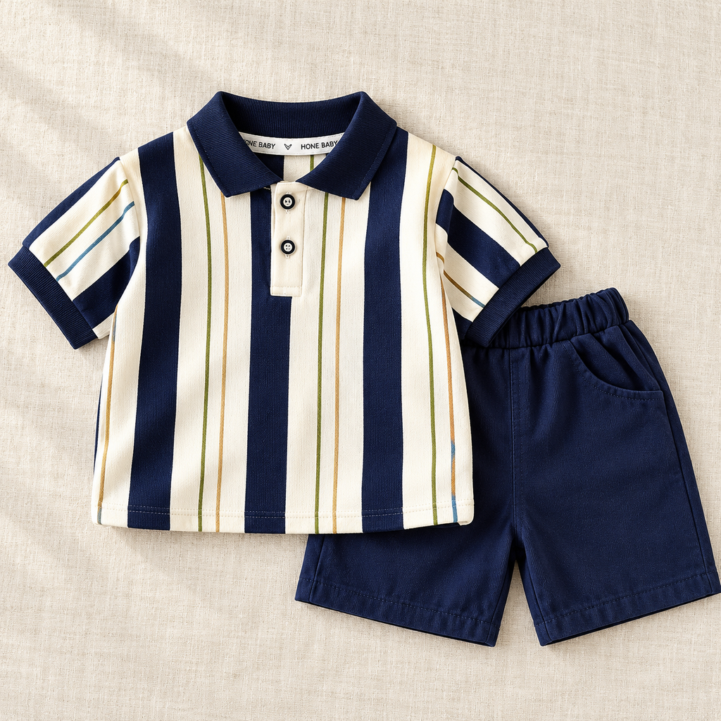 The Stripe Polo & Shorts Set on ivory linen