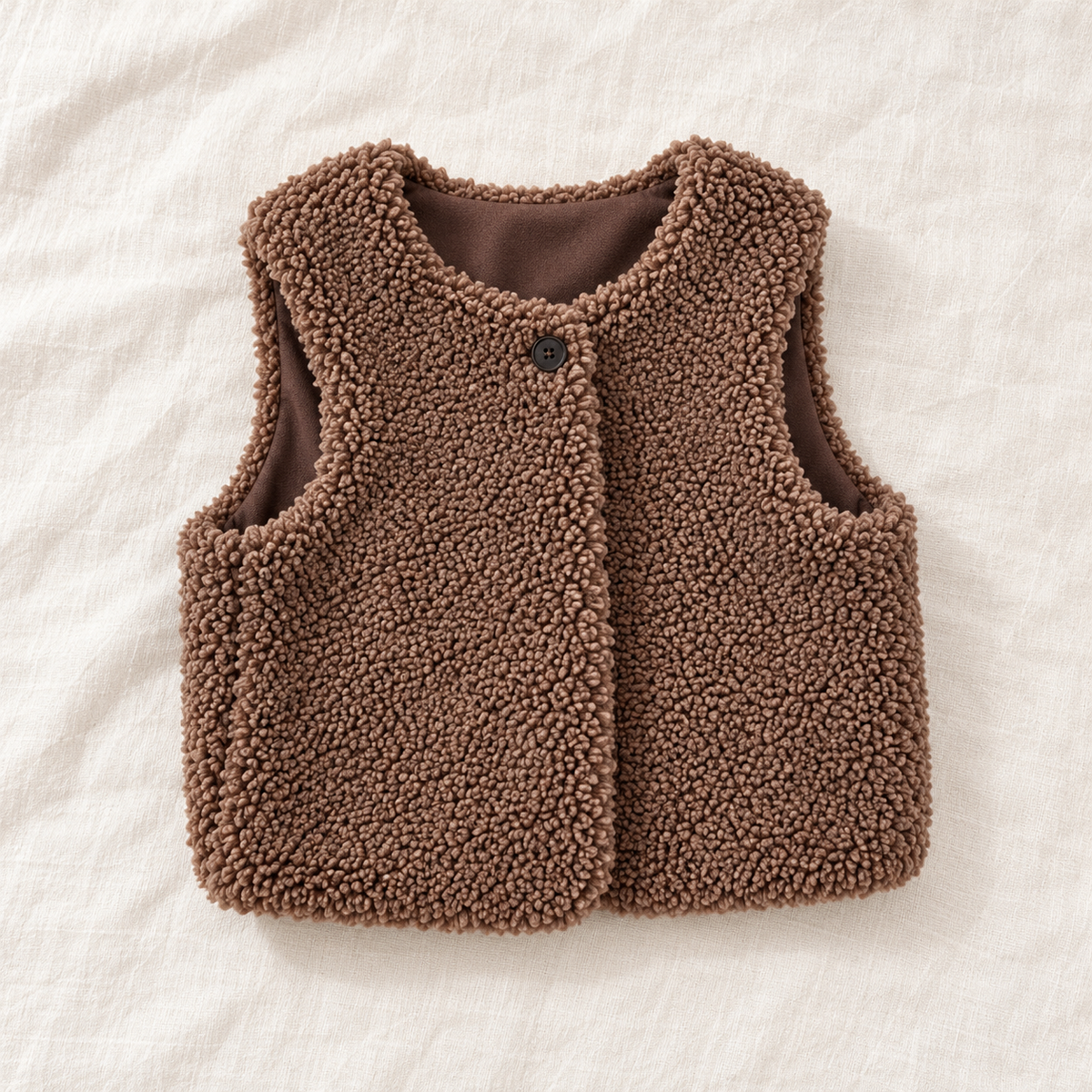The Teddy Button Vest on ivory linen