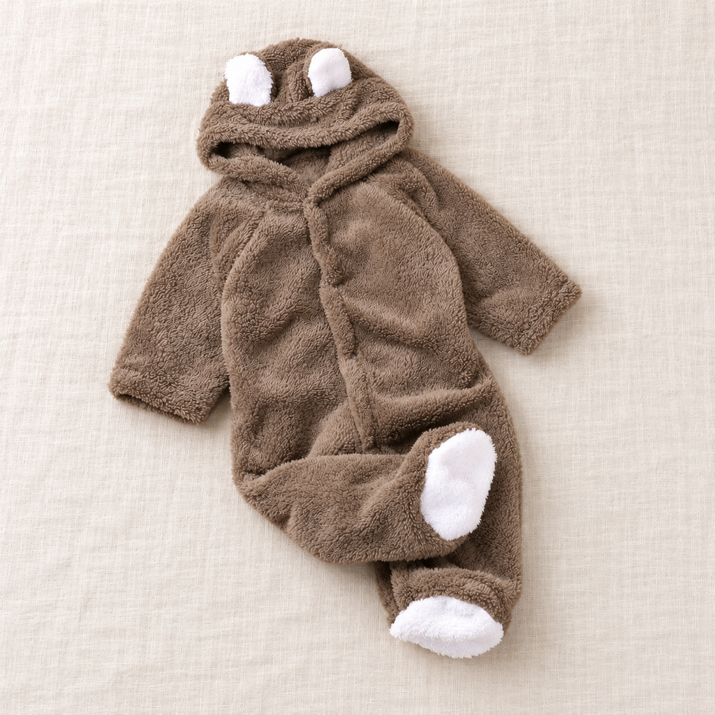 The Teddy Hooded Baby Footie on ivory linen