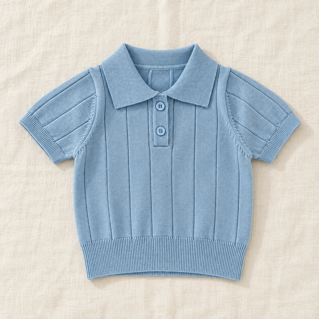 The Knit Polo & Shorts Separates — Blue Polo, laid flat on ivory linen